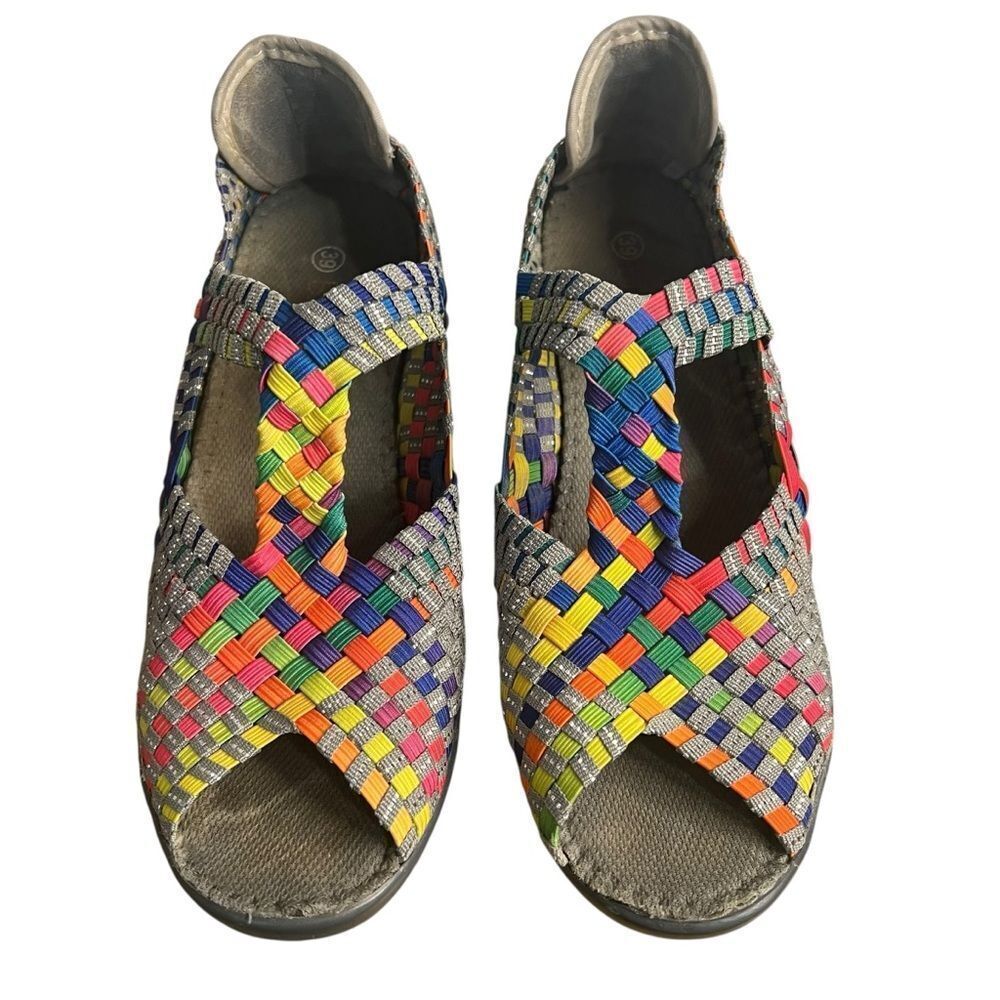 Bernie Mev Calypso Woven Platform Sandal size 8M Colorful Peep Toe Wedge Shoes